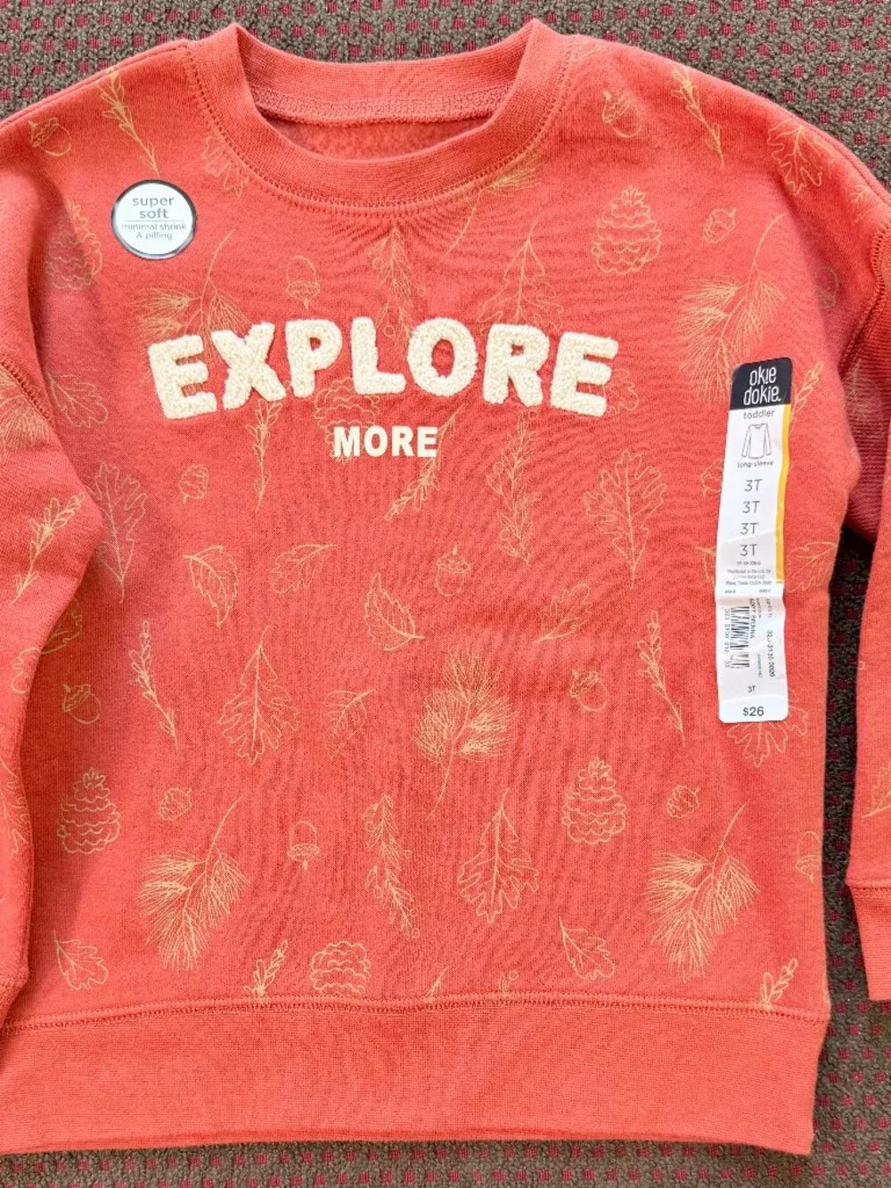 NWT Okie Dokie 3T Rust Fall Leaves Chenille EXPLORE Crewneck Sweatshirt